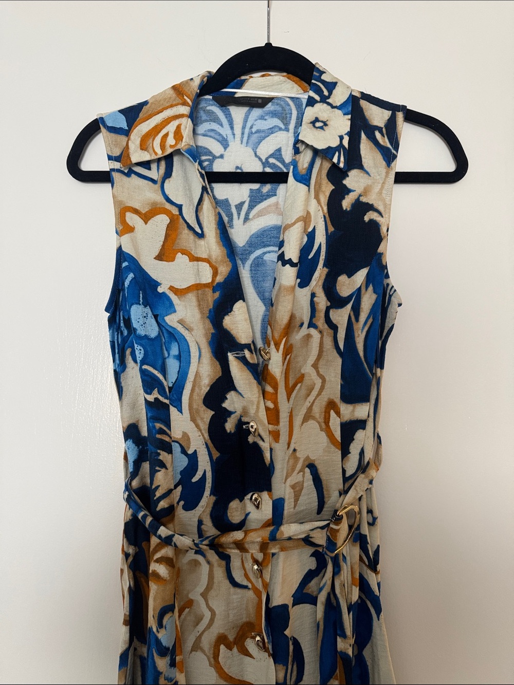 Sleeveless Blue Floral Print Belted Dress